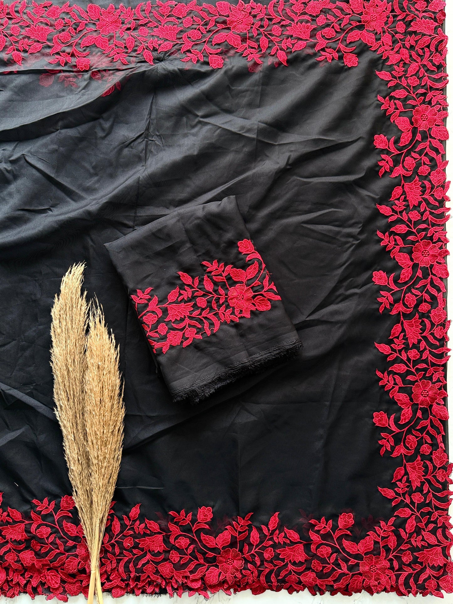 Soft tabby organza saree with red thread embroidered scallop border