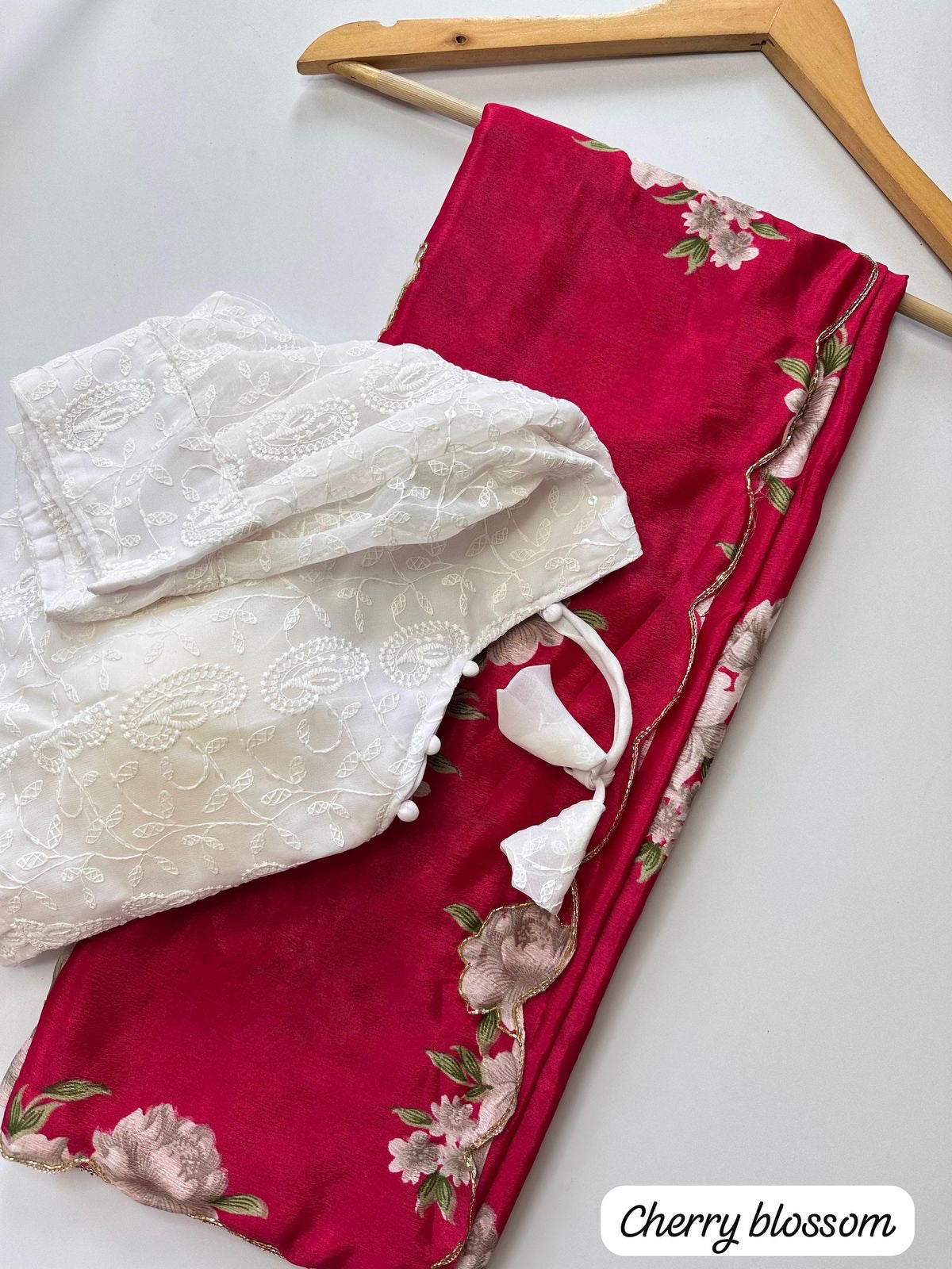 Floral chinon silk saree with embroidery