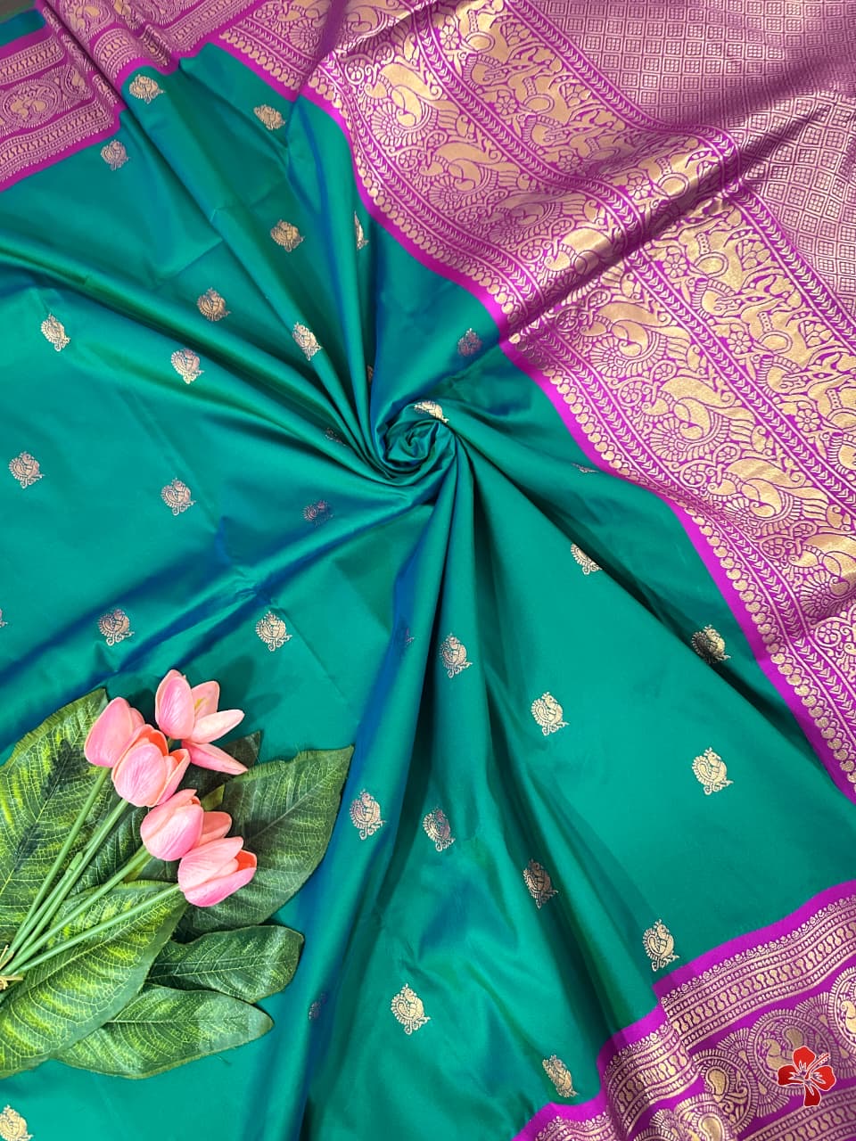 Beautiful semi kanjivaram soft silk woven saree - peacock blue and violet
