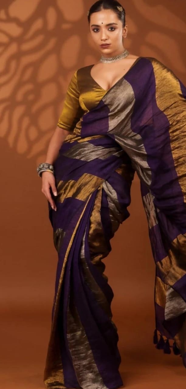 Linen sarees with gold silver zari stripes all over!