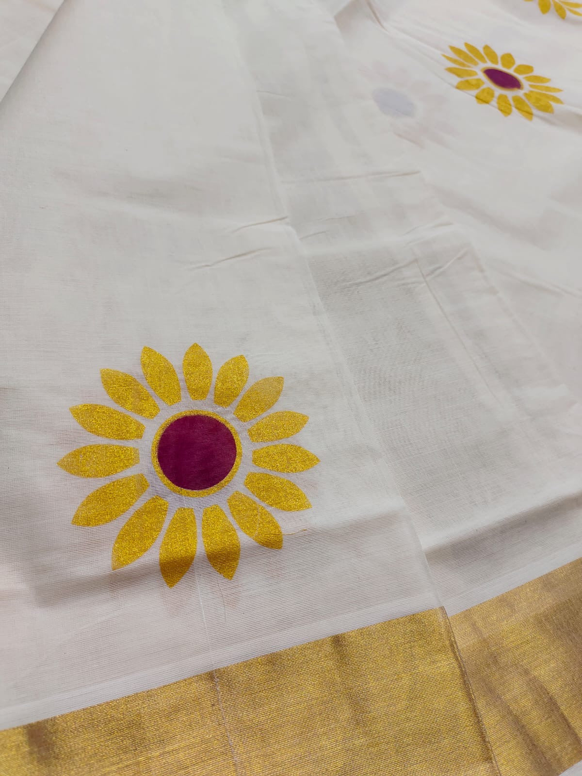 Premium printed kerala cotton saree - yellow flower