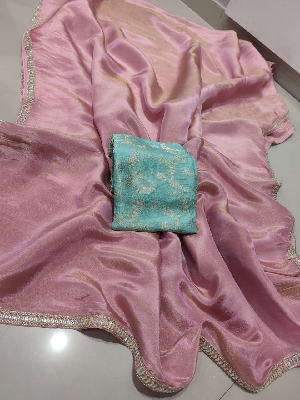 Pure tissue silk saree with handwork cutdana border and Banarasi weaving blouse