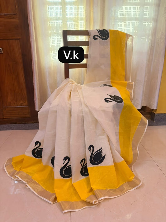 Premium Kerala cotton saree with one side yellow border with unique black swan prints (Prebooking 15 working days)