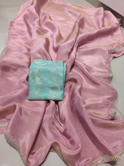 Pure tissue silk saree with handwork cutdana border and Banarasi weaving blouse