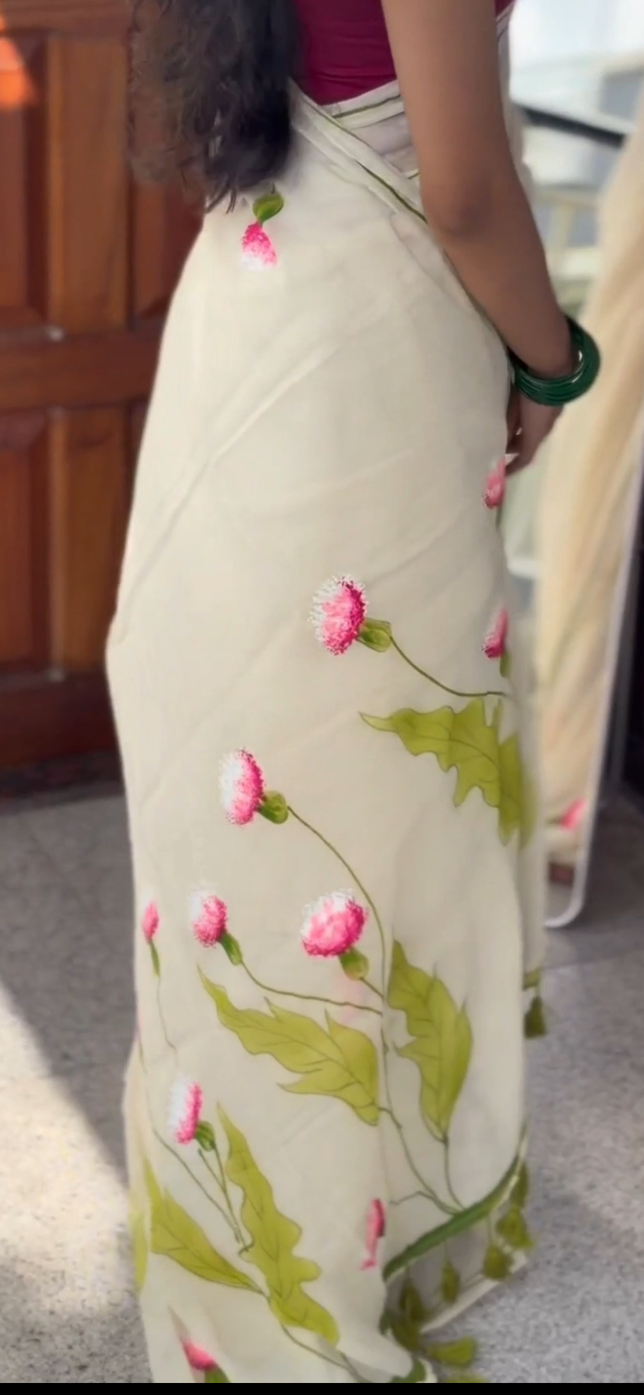 Pure mul cotton handpainted saree - globe amaranth