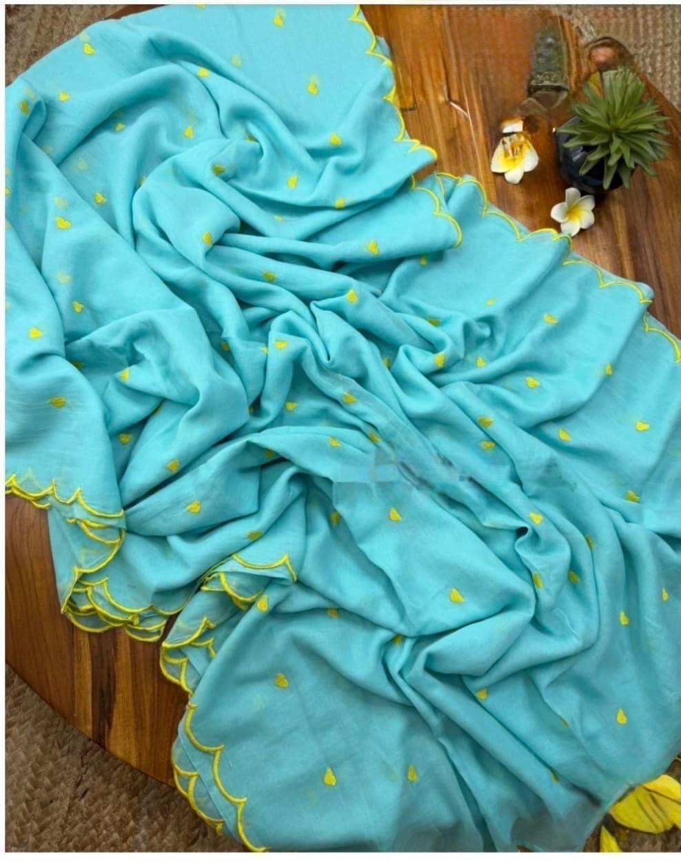 Pure and authentic mul cotton sarees with heart embroidery and scalloped border