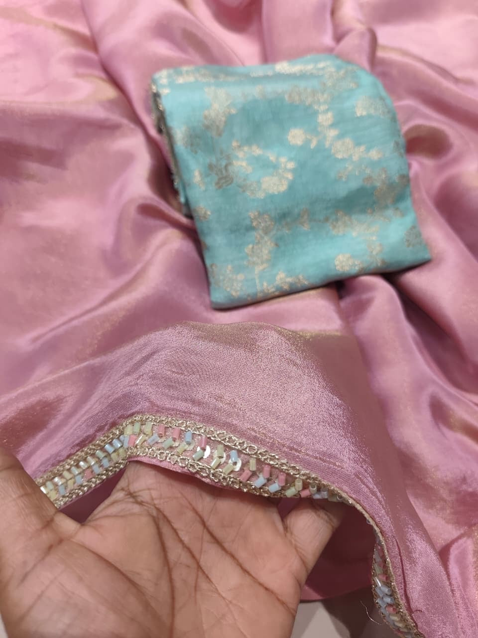 Pure tissue silk saree with handwork cutdana border and Banarasi weaving blouse