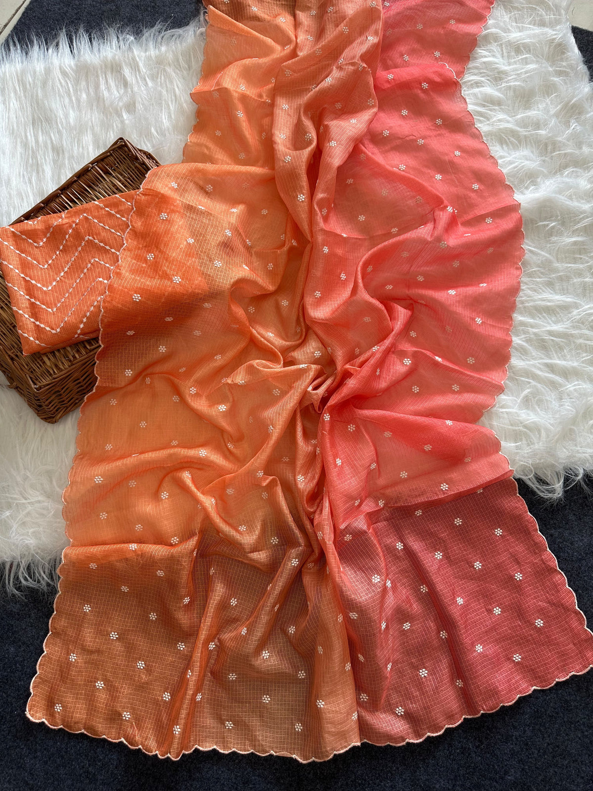 Beautiful kota doria saree with white buti weaving and scalloped border
