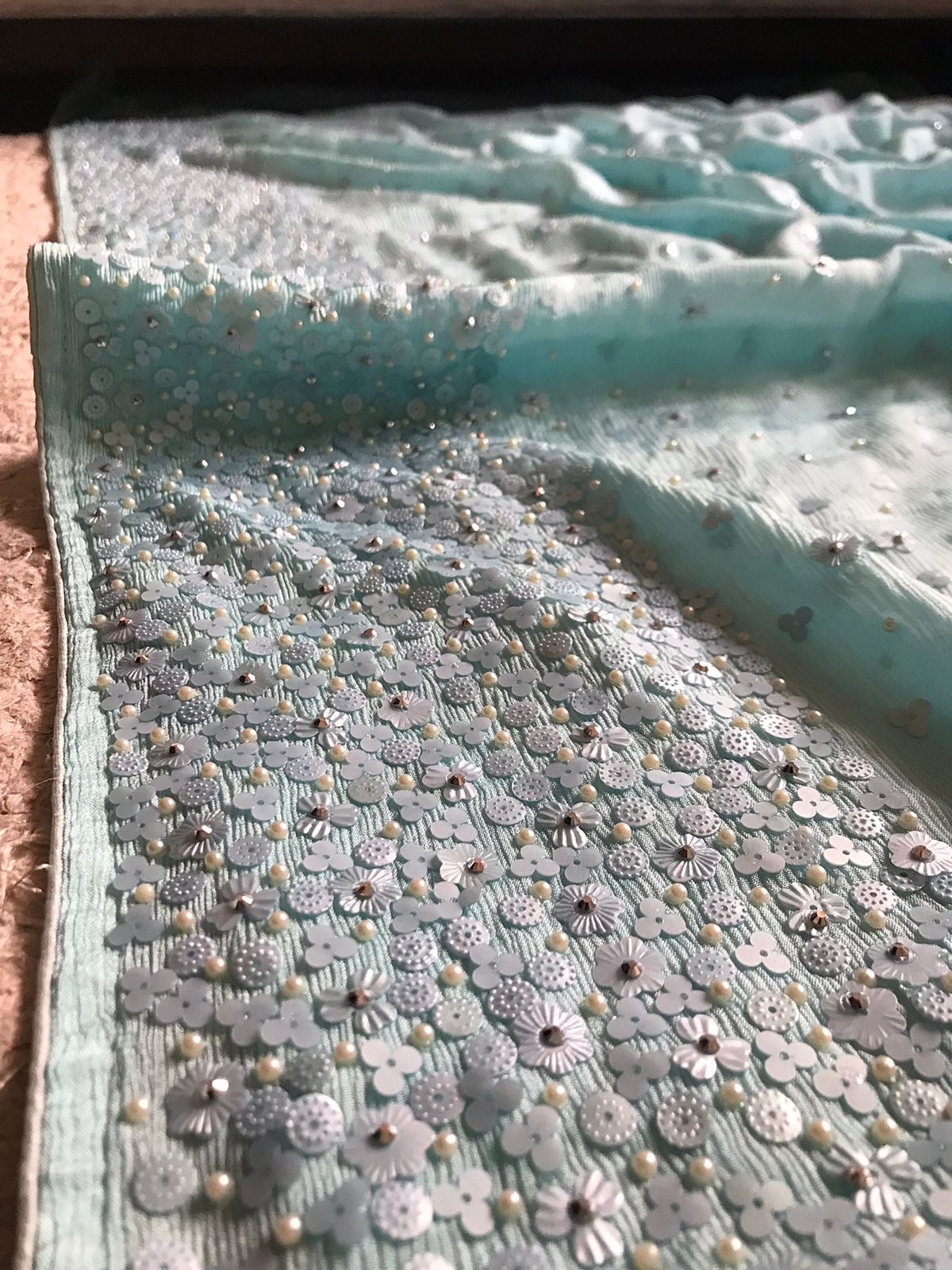 Pure Chinnon Silk saree with pearl sequins handwork