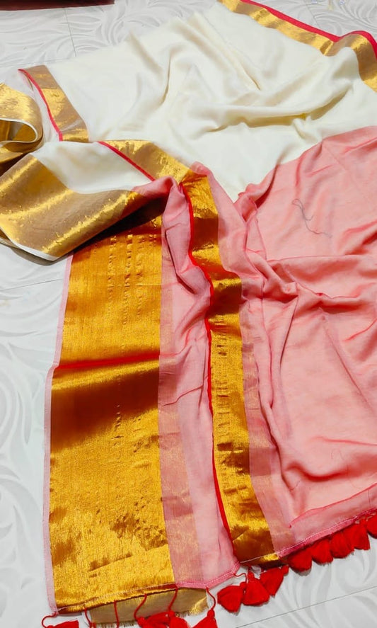 Soft Mul cotton saree - Red pallu