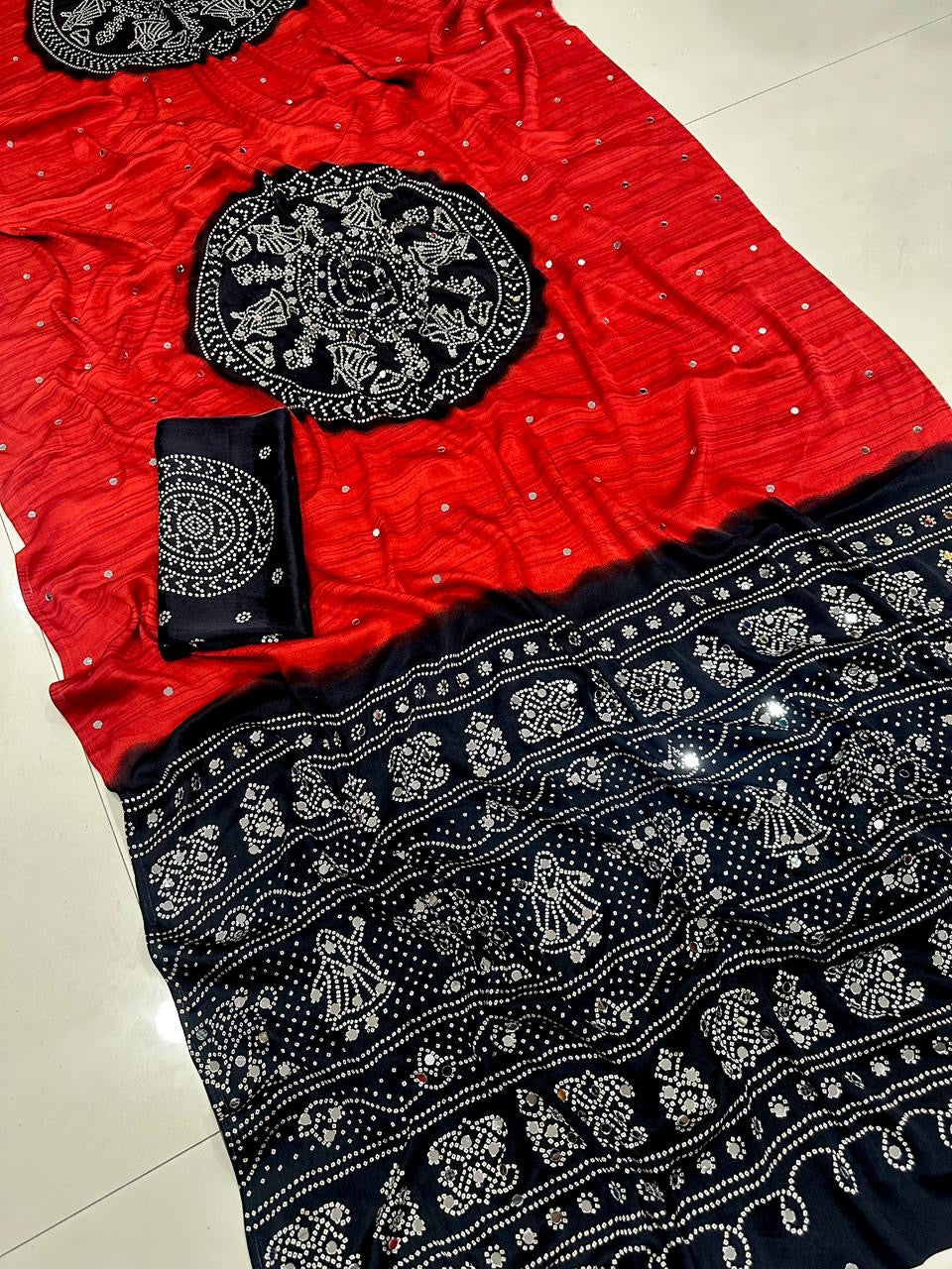 Soft satin crepe silk saree with Beautiful bandhini print and Real mirror work (prebooking)