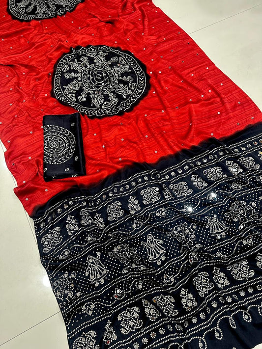 Soft satin crepe silk saree with Beautiful bandhini print and Real mirror work (prebooking)