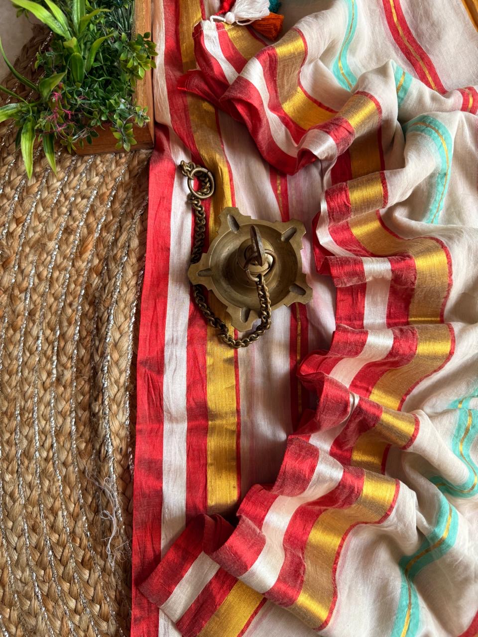 Mul cotton with multi color stripes lined with zari