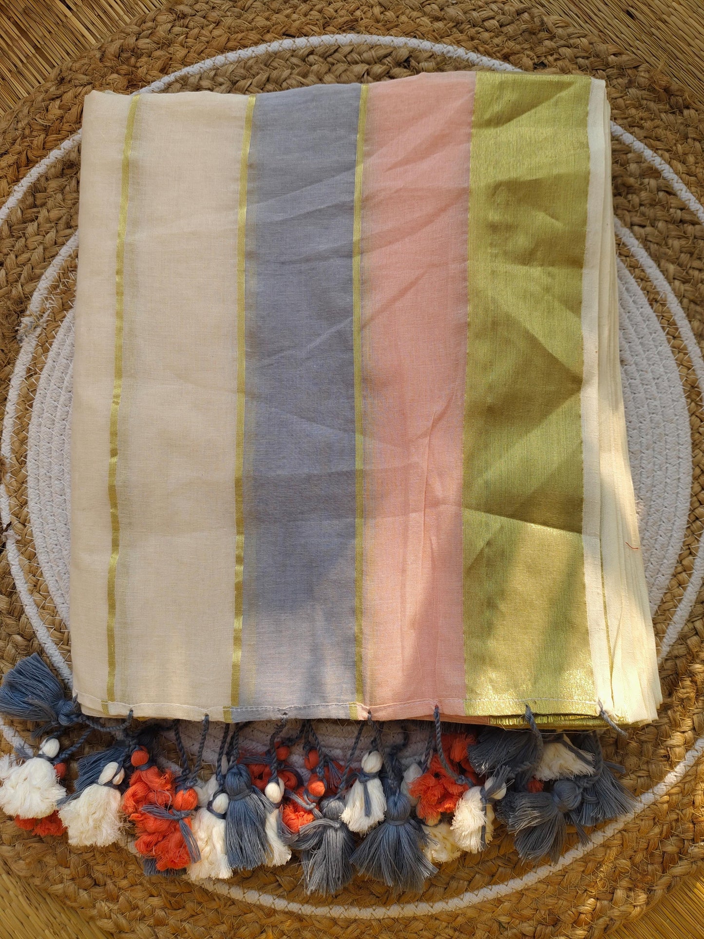 Pure mul cotton saree with pastel pink and dusty blue border