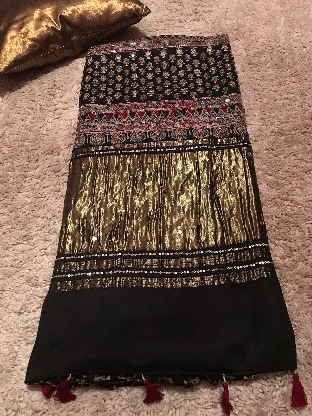 Pure Handblock ajrakh print mirror work modal silk saree (Prebooking 35 days)