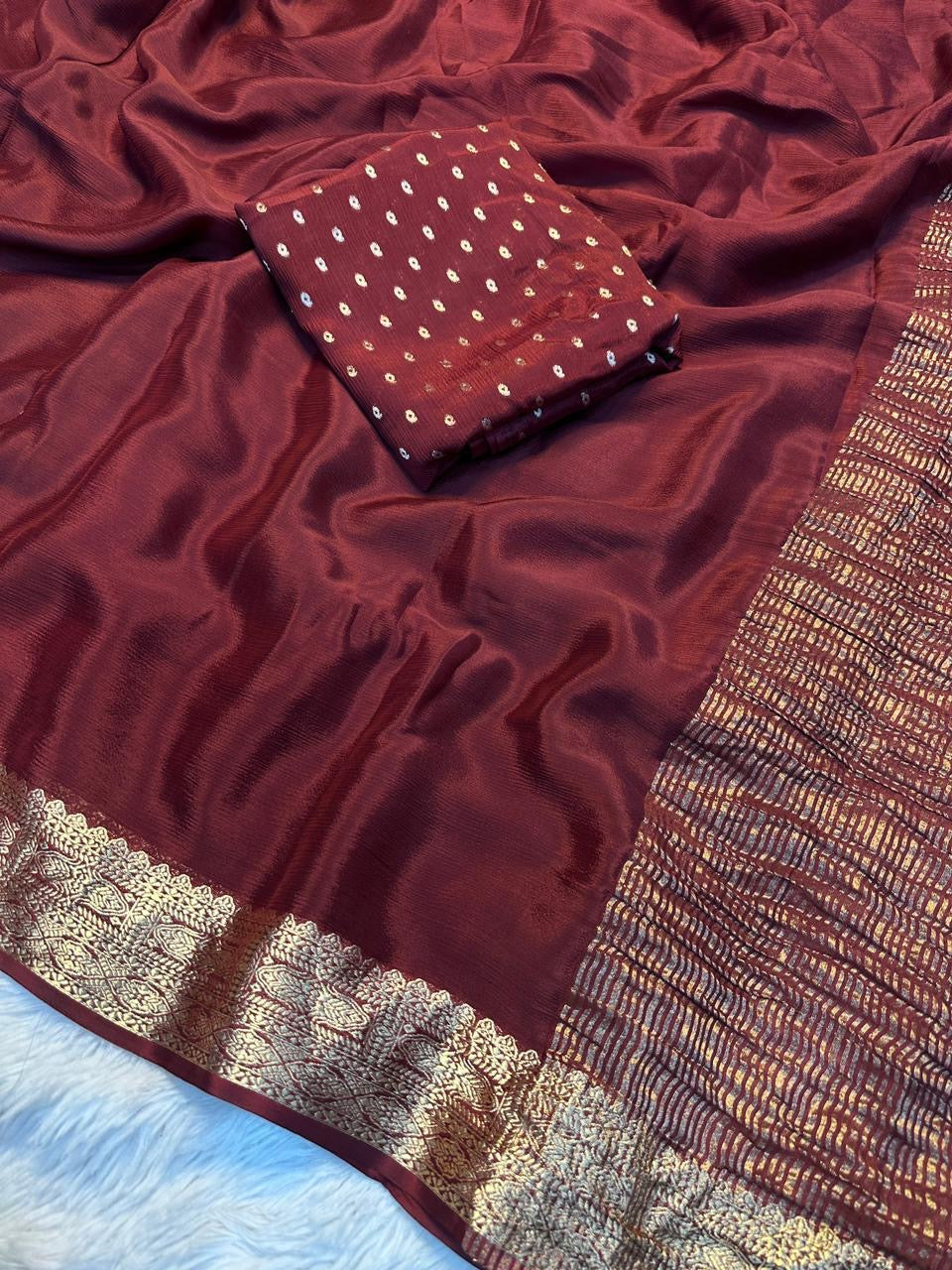Premium viscous chinon blend saree with zari weaved border