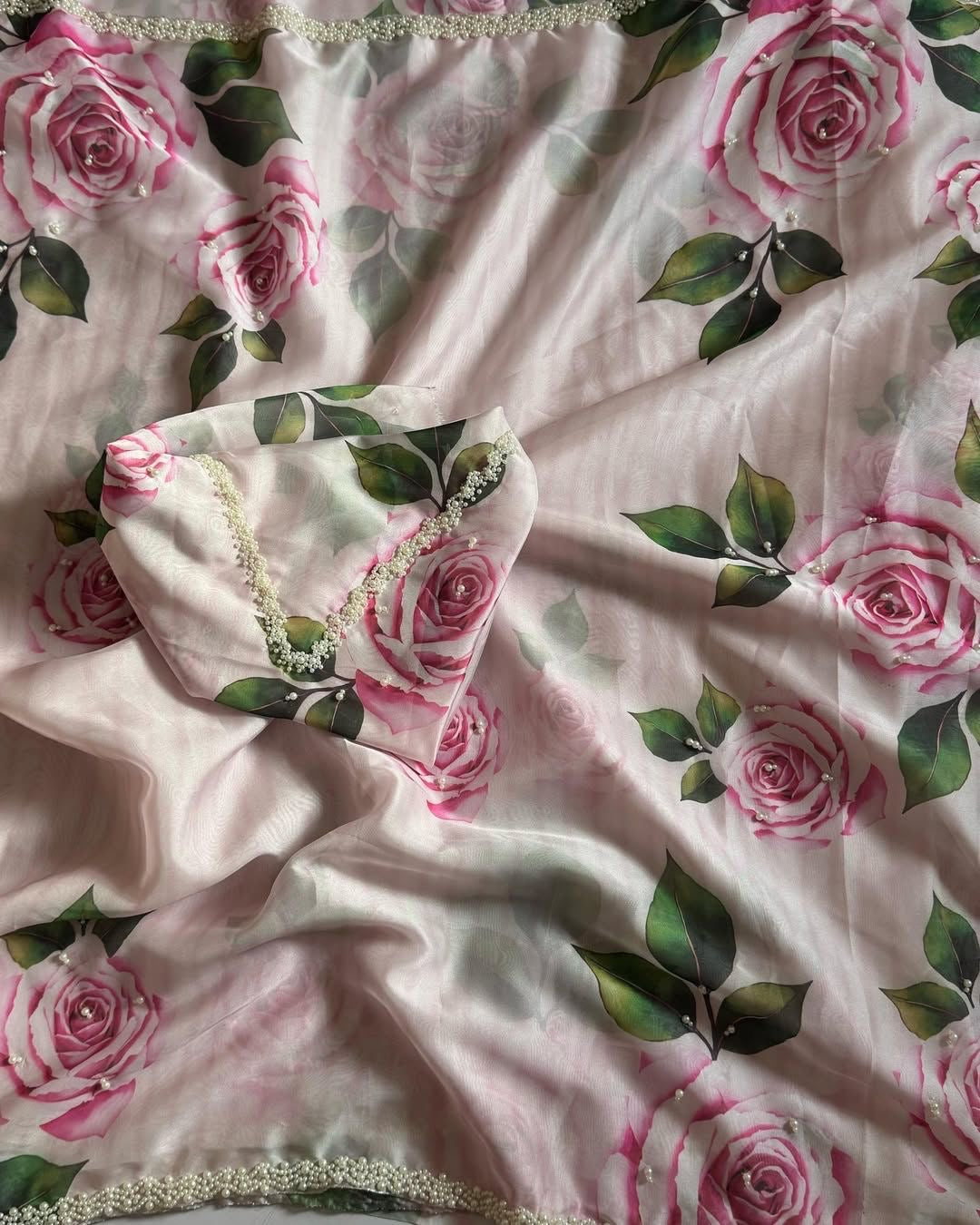 Rose printed soft mul organza saree with handwork