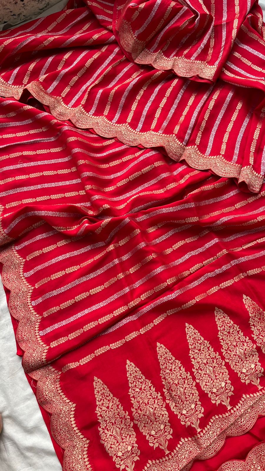 Pure banarasi munga silk saree with zari stripes and scalloped border