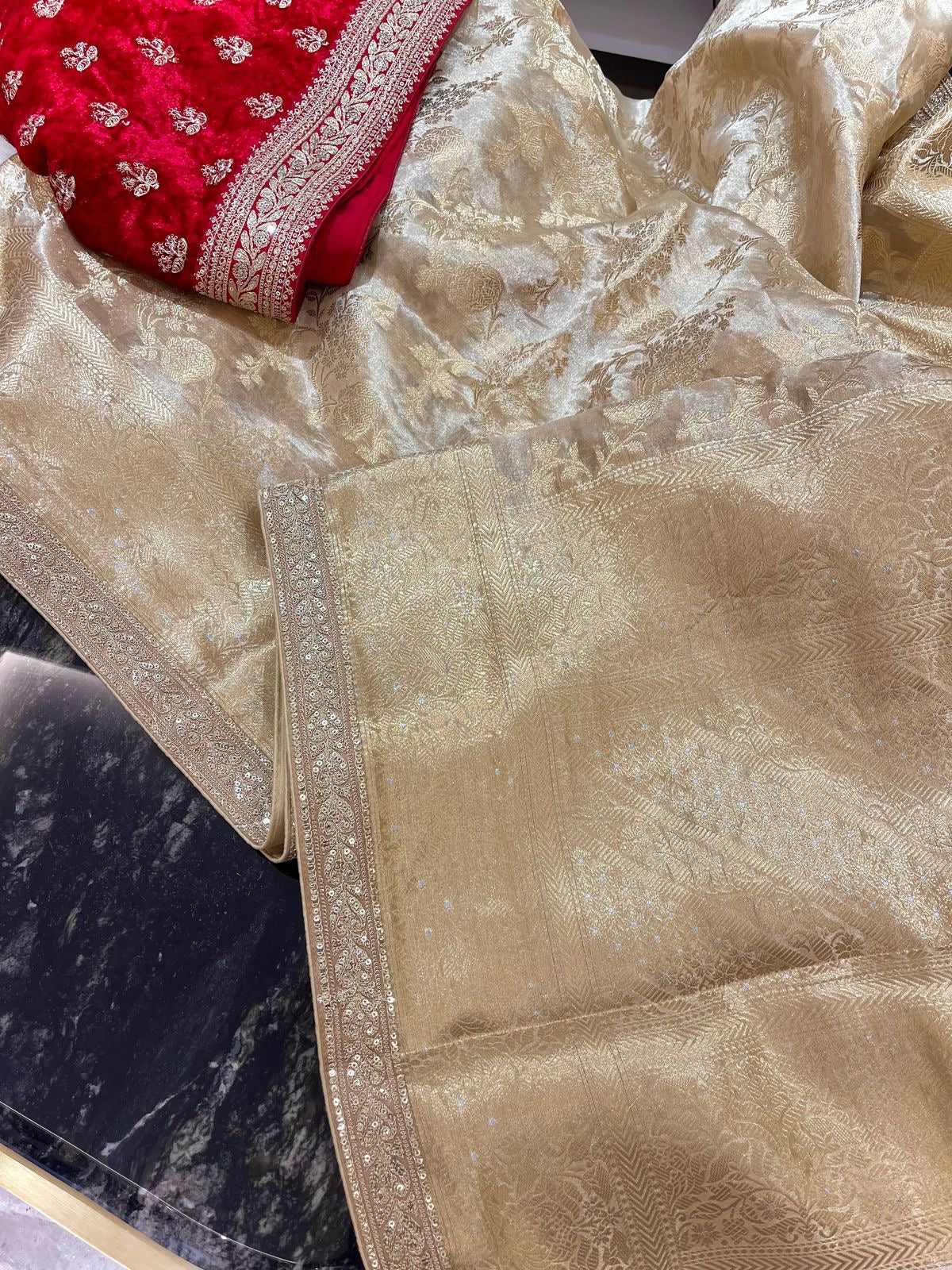 Pure tissue kanchi saree with velvet blouse