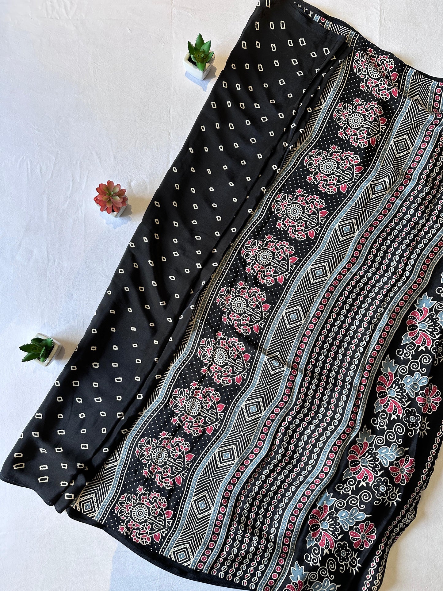 Soft semi gajji modal silk saree with ajrakh pallu