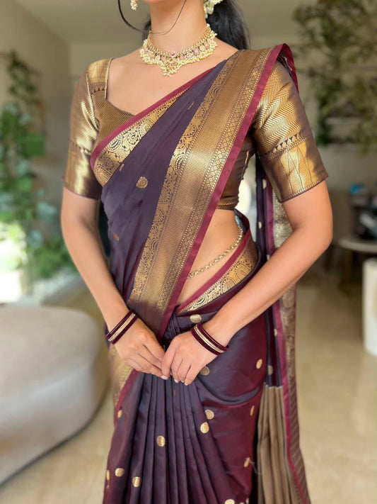Beautiful semi katan Banarasi silk saree with buttis all over and zari pallu and blouse