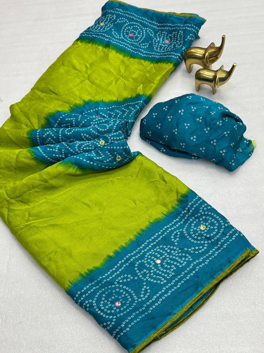 Moss bandhini printed saree with mirror work