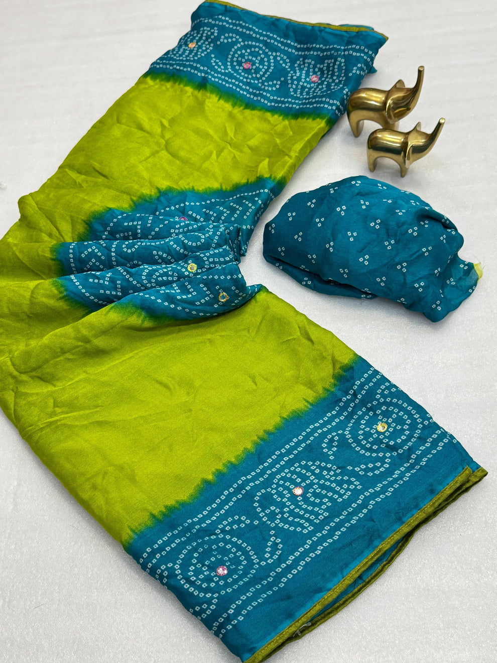 Dark turquoise blue bandhini printed soft cotton unstitched salwar material, foil work all over(lining needed)matching spun cotton bottom, printed fancy chiffon dupatta. CODE OC242803 main image 0