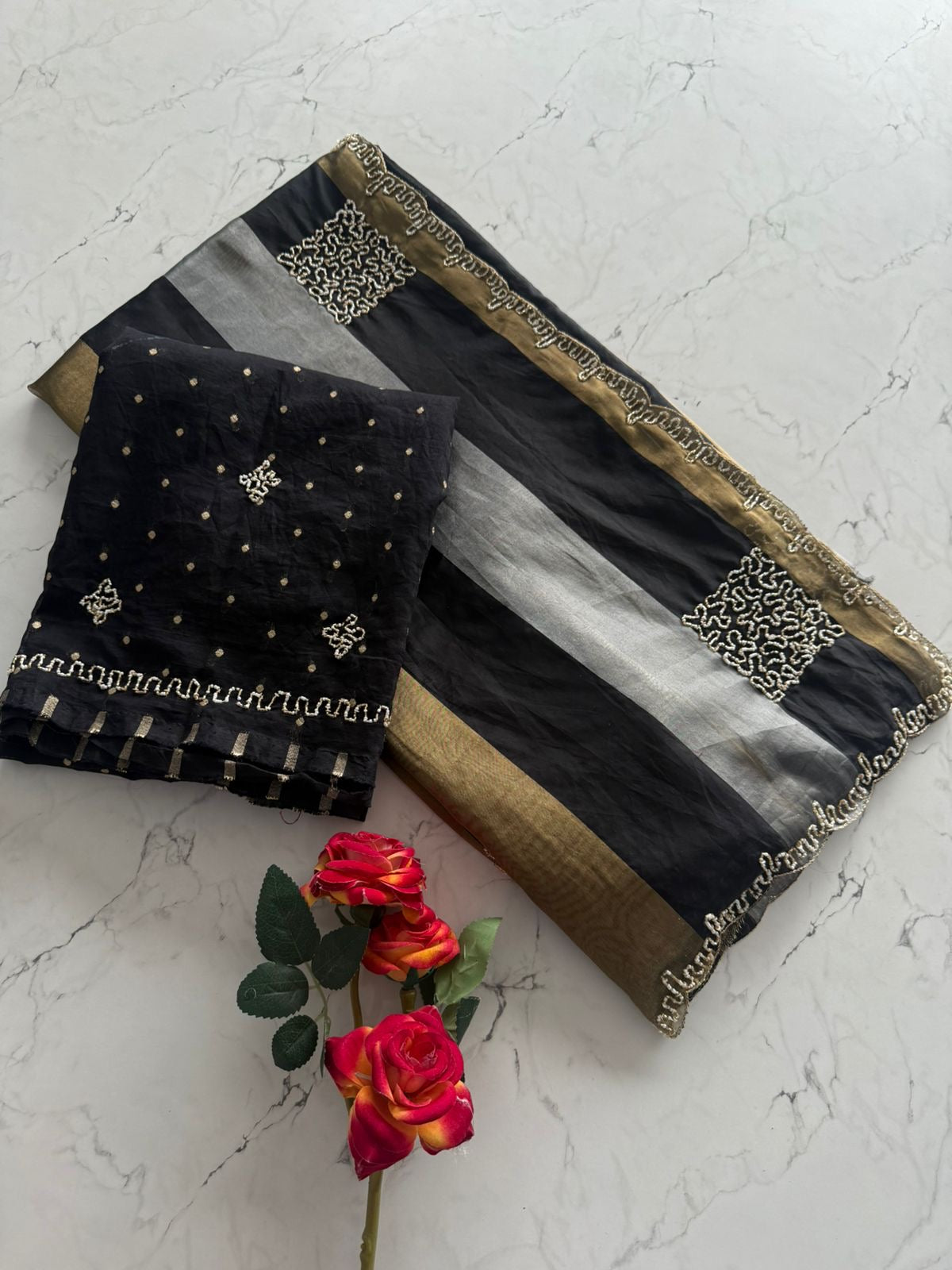 Beautiful viscose organza saree with khatli handwork and scalloped border