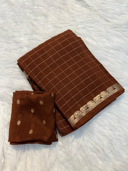 Soft Viscous crushed chinon silk checks saree