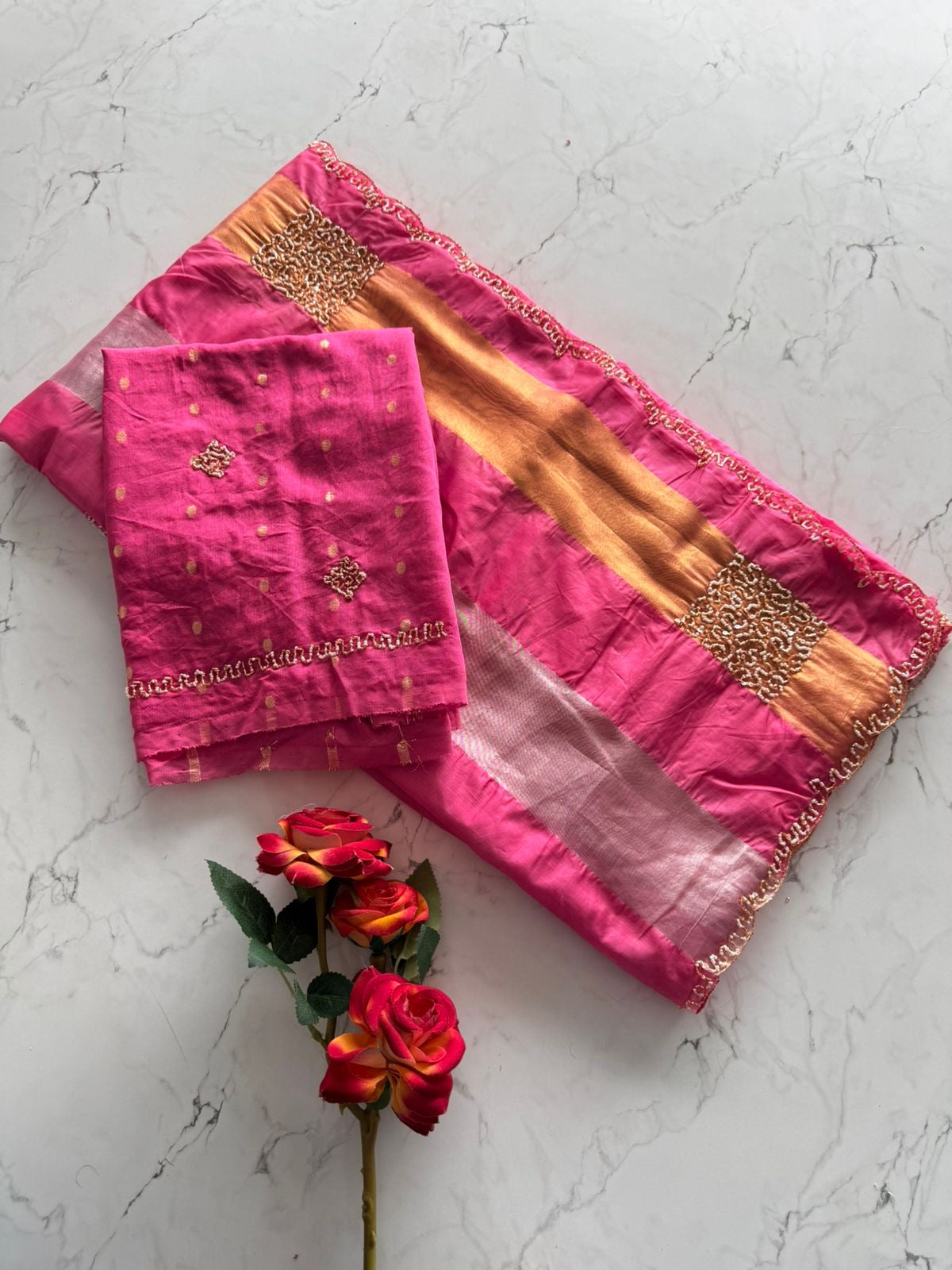 Beautiful viscose organza saree with khatli handwork and scalloped border
