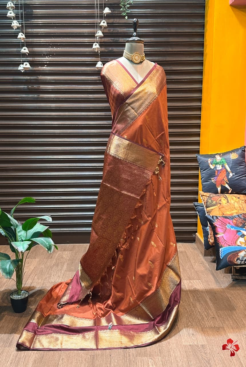 Gorgeous Vintage Semi Kanchi Silk Saree In Rust Orange With Maroon Bor Gorgeous Vintage Semi Kanchi Silk Saree In Rust Orange With Maroon Bor