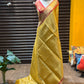 Banarasi tissue kanchi style yellow saree with contrast red border
