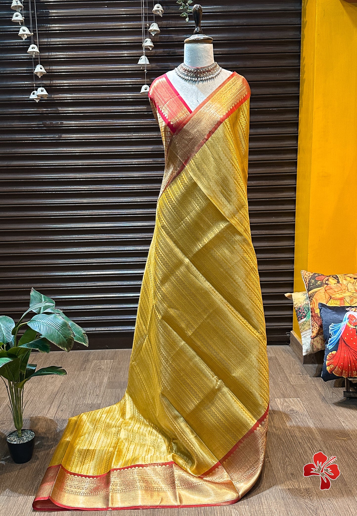 Banarasi tissue kanchi style yellow saree with contrast red border