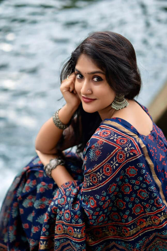 Handblock printed Chanderi silk cotton saree