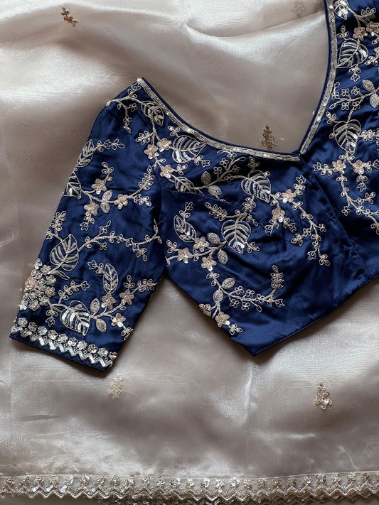 Organza handwork saree - Navy blue blouse