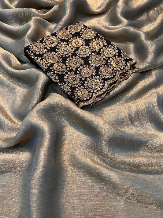 Shimmer chiffon saree with embroidered contrast blouse