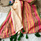 Premium pure mul cotton saree with green tassels and jacquard border