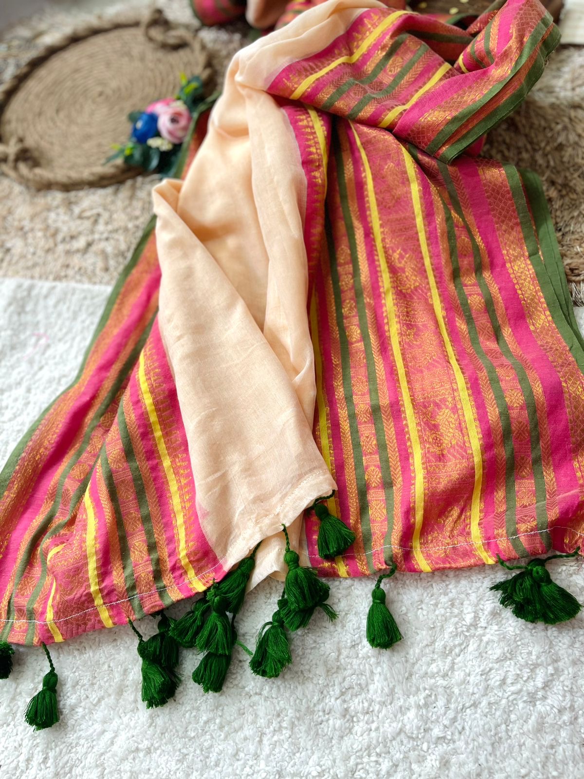Premium pure mul cotton saree with green tassels and jacquard border