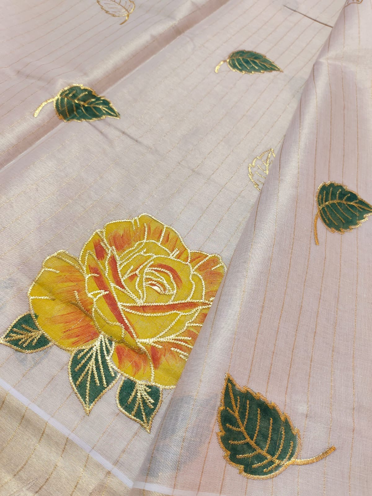 Premium Tissue Striped Saree with Rose Embroidery