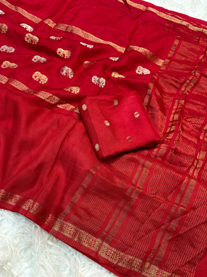 Soft viscous dola silk with beautiful silver and gold elephant motifs in the middle