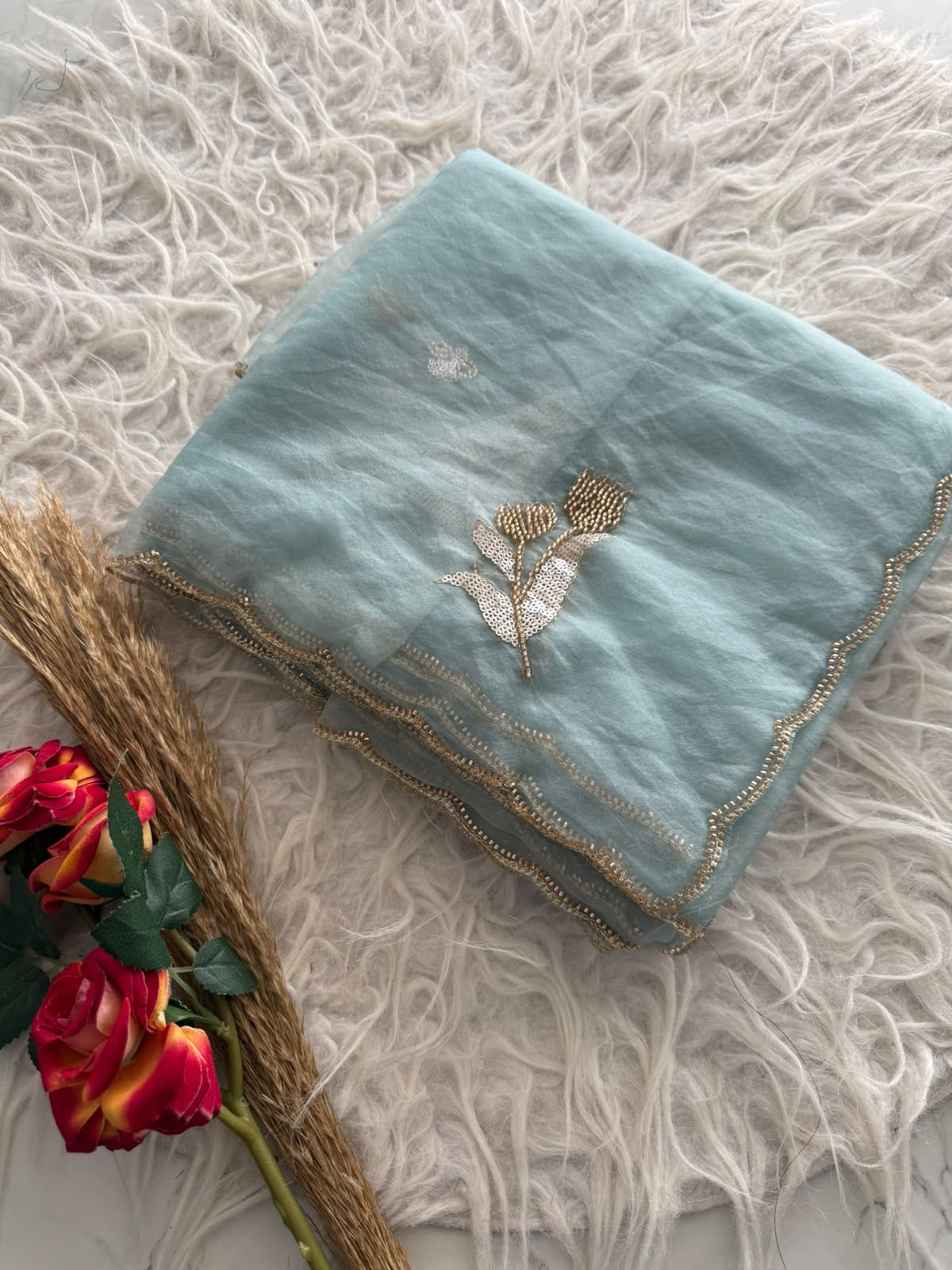 Premium semi tissue organza saree with beautiful cutdana work