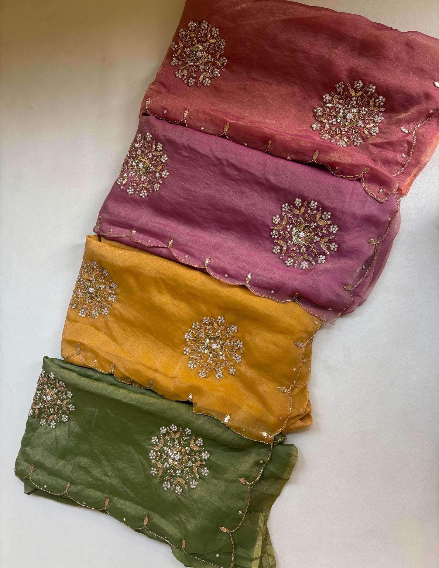 Beautiful soft two tone tissue silk saree with gotta, pearl and sequins work