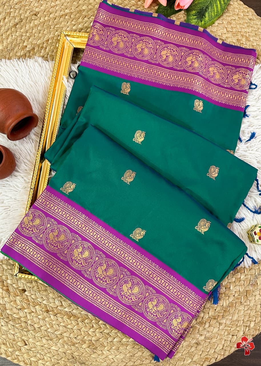 Beautiful semi kanjivaram soft silk woven saree - peacock blue and violet