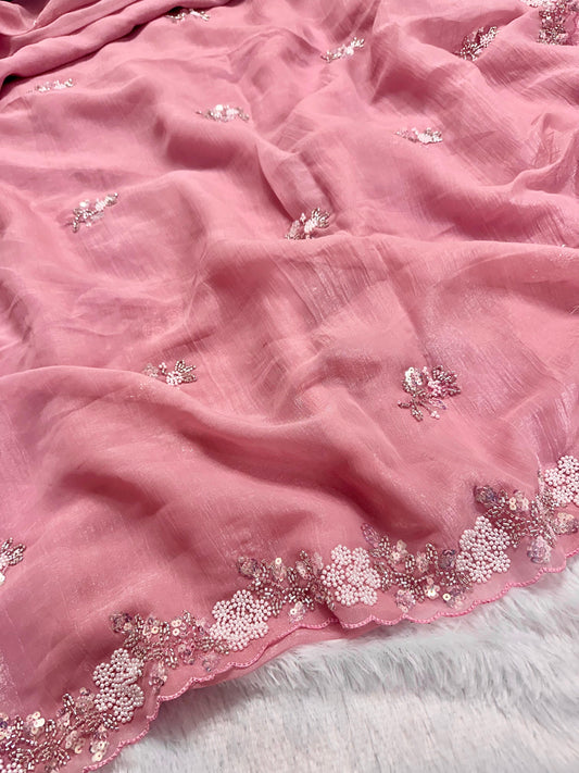 Soft crush tissue saree - pastel pink