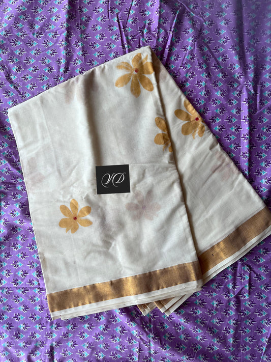 Kerala cotton saree with gold flowers