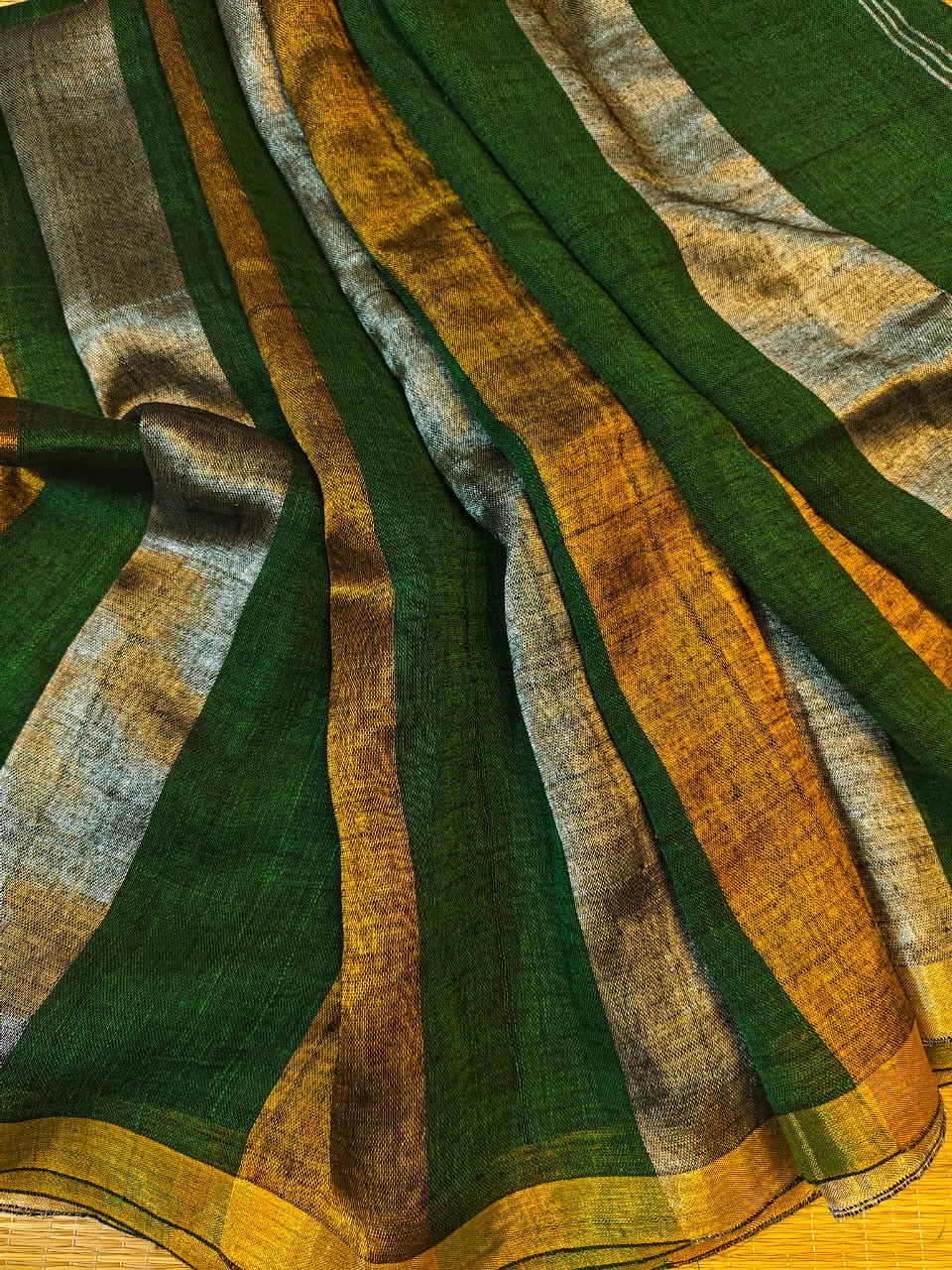 Linen sarees with gold silver zari stripes all over!