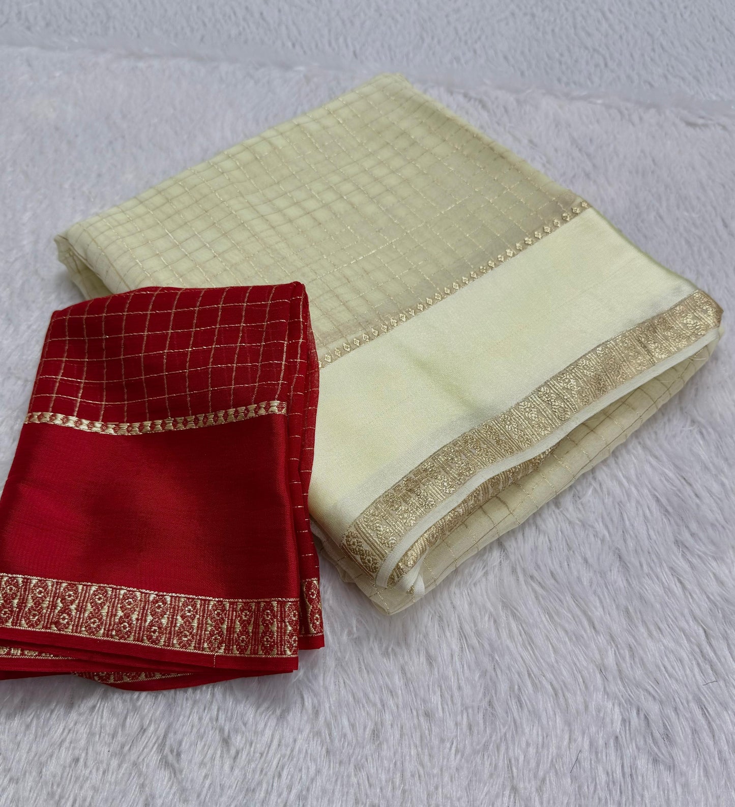 Soft viscous georgette saree with checks and satin border