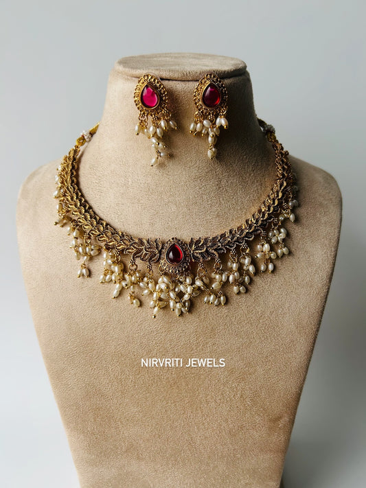 Ruby Cascade Pearl Choker Set