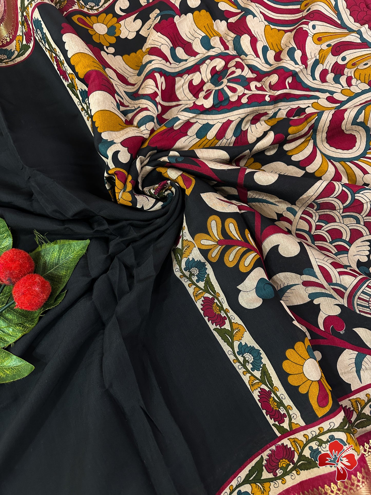 Soft viscous cotton saree with kalamkari printed border and pallu - black