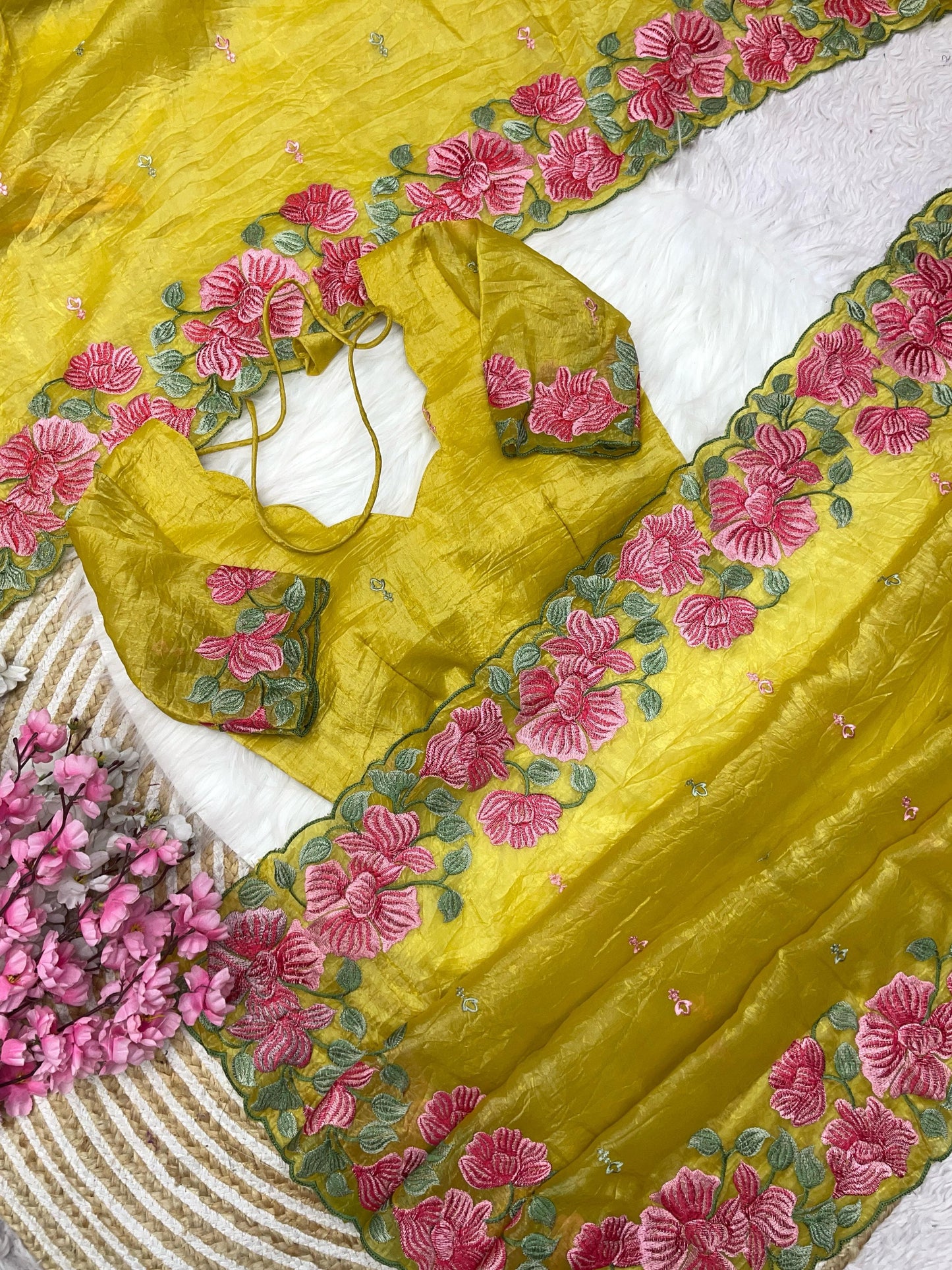 Premium crush embroidered saree with unstitched blouse